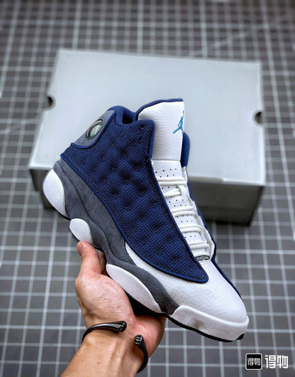 Air Jordan 13 Retro "Flint" sneakers in a white, midnight navy, and flint grey