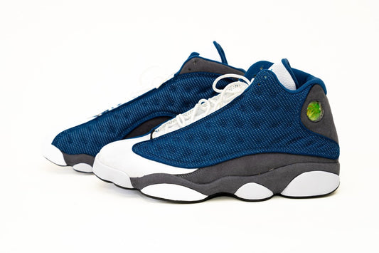 Air Jordan 13 Retro "Flint" sneakers in a white, midnight navy, and flint grey